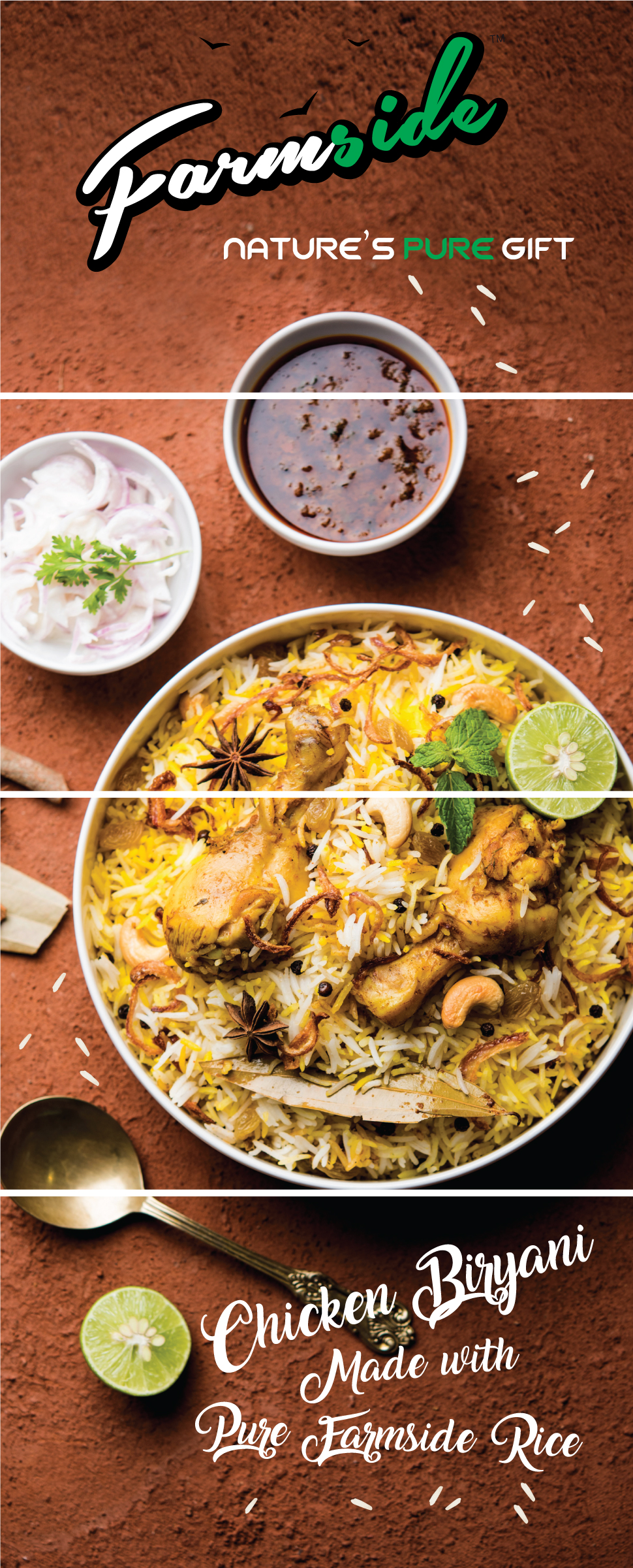 Image of A-Plus Content of Premium Basmati Rice from Farmside with a picture of chicken biryani served in a bowl 