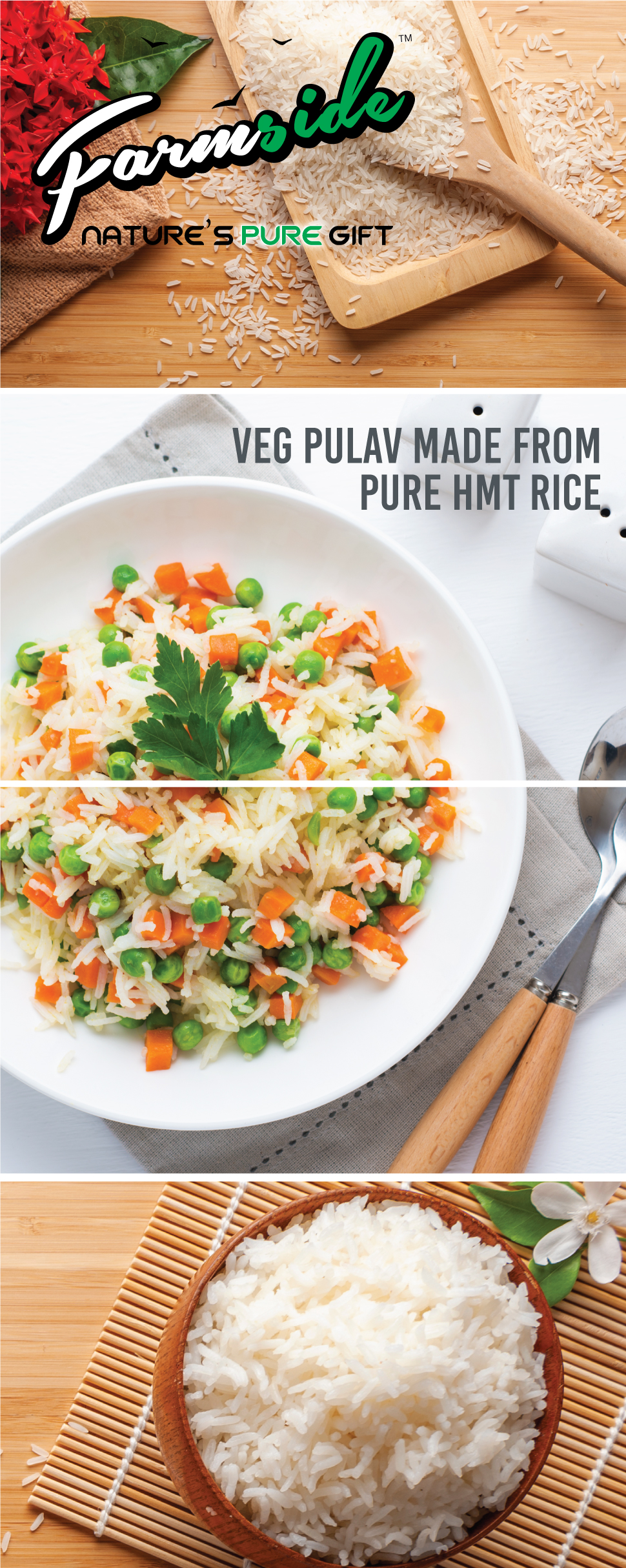 Image of A-Plus Content for Farmside HMT daily rice with images of Veg Pulao and normal rice in a bowl.