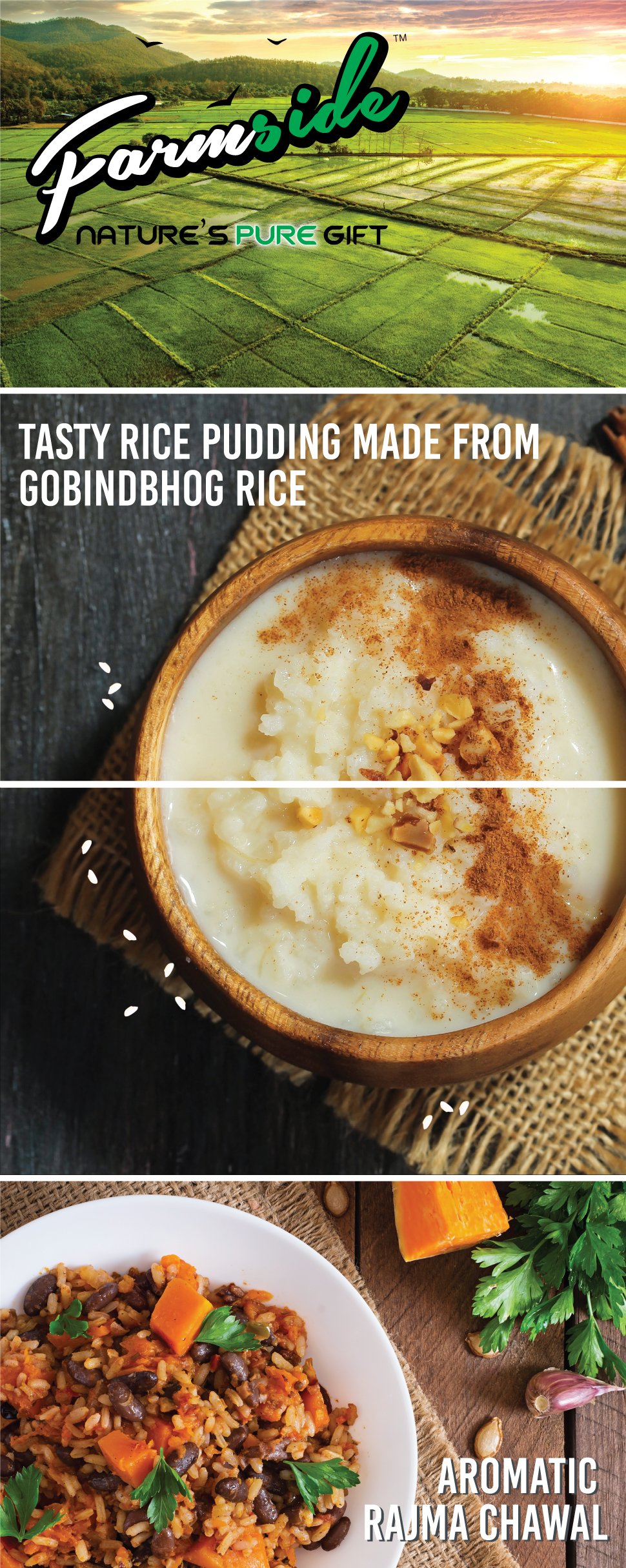 Image A plus content for Farmside Gobindobhog rice with image of Kheer and Rajma Chawal made from Gobindobhog Rice