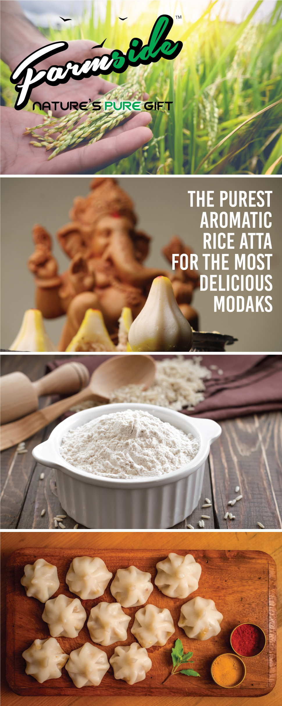 Image of A+ Content for Rice Atta from Farmside with pictures of modak