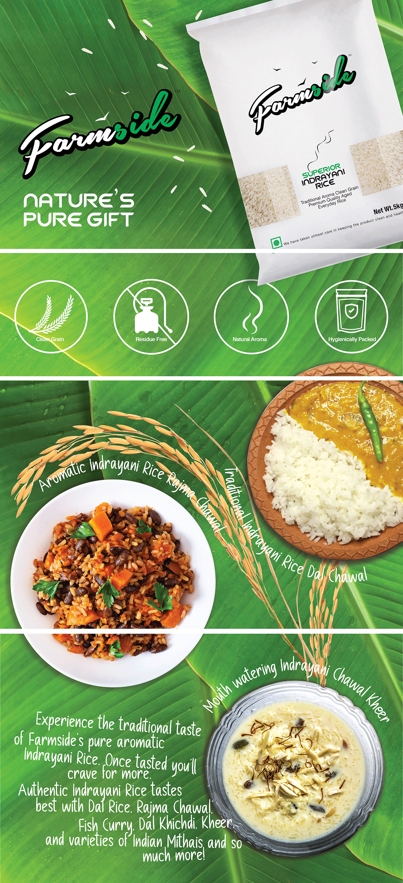 Image of A plus content of Indrayani Rice with packet image and pictures of rajma chawal, dal rice and kheer.