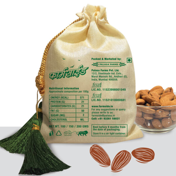 Farmside California Almonds 200gms details on potli